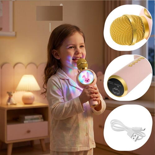 Microfon de karaoke pentru copii, Model Iepuras, Compatibil Bluetooth, Silentios, Fara fir, Roz