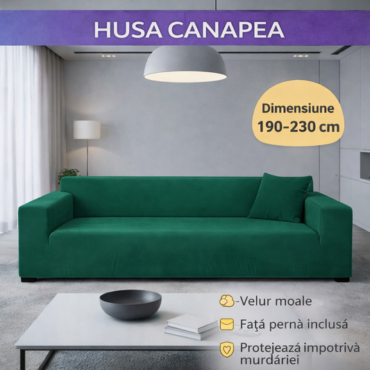 Husă elastică din catifea pentru canapea 190-230 cm, Impermeabila + față de pernă