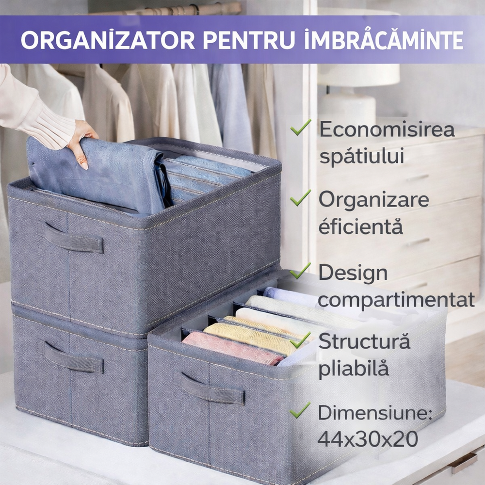 Organizator imbracaminte cu 9 compartimente pentru blugi, pulovere, camasi, 44x30x20 Gri