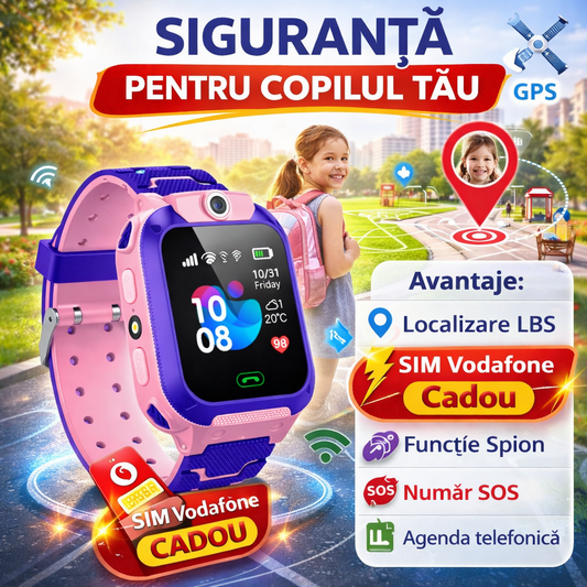 SmartWatch pentru copii cu functie telefon (SIM), 2G, Camera, Functie Monitorizare, Localizare LBS, Apelare SOS, Agenda telefonica, Roz + 🔥 SIM VODAFONE CADOU 🔥