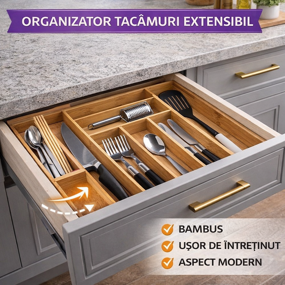 Organizator extensibil tacamuri si ustensile de bucatarie,  Bambus, 6-8 compartimente, Design elegant, 50 x 45.5 x 5 cm