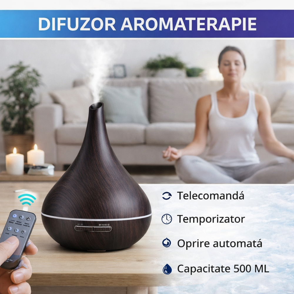Difuzor de ulei esential, Aromaterapie, Umidificator de aer, Rezervor 500ML, Telecomanda si lumina veghe ajustabila