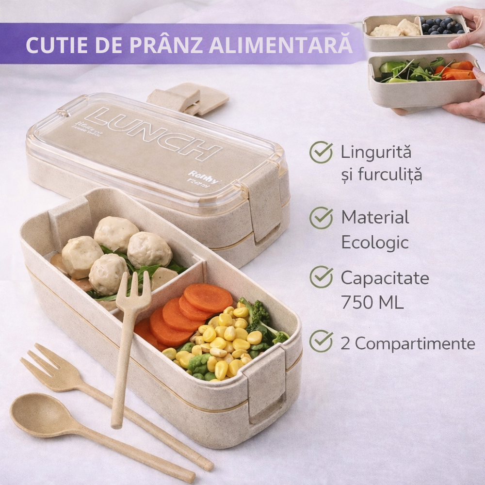 Cutie de pranz alimentara, Lingura si Furculita Incluse, 750 ml, Bej, Din Material Ecologic