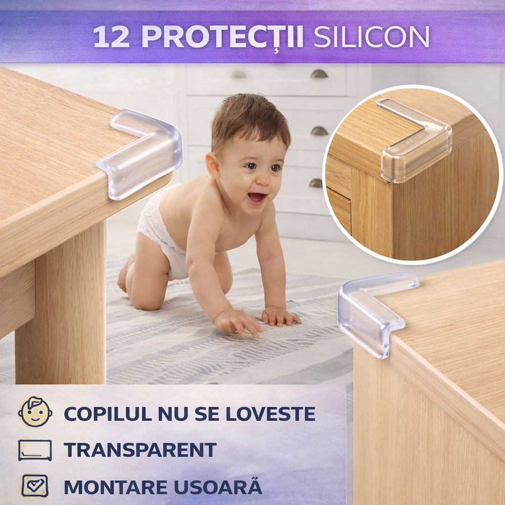 Set 12 Protectie de colt din silicon, transparent, 4x4cm