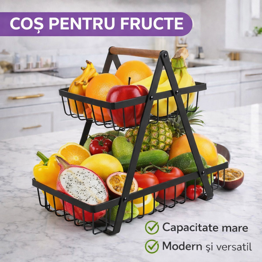 Cos pentru Fructe, cu doua etajere, servire, decor, din metal, maner din lemn, rezistenta ridicata, universal, aerisire ridicata