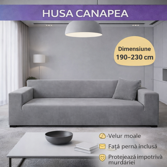 Husă elastică din catifea pentru canapea 190-230 cm, Impermeabila + față de pernă