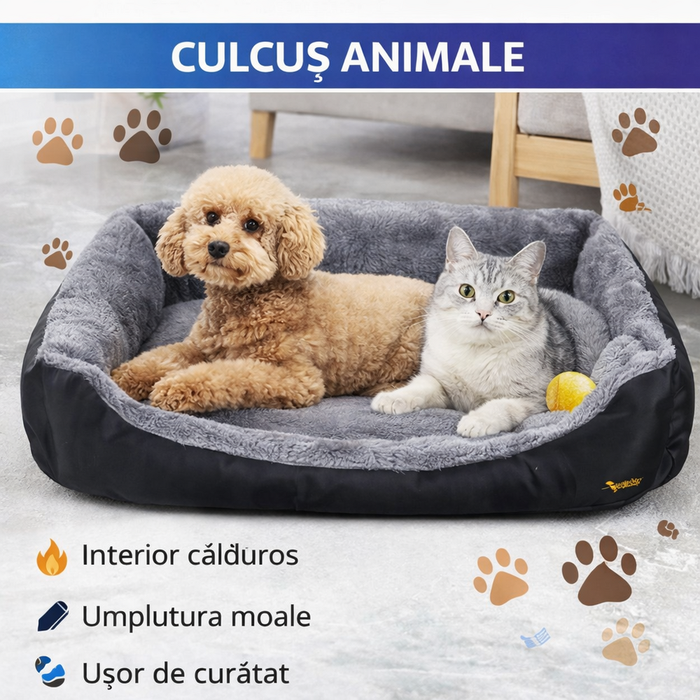 Culcus pentru animale, Dreptunghiular, Interior calduros, Umplutura moale, Dimensiune Exterioara 60x45 cm