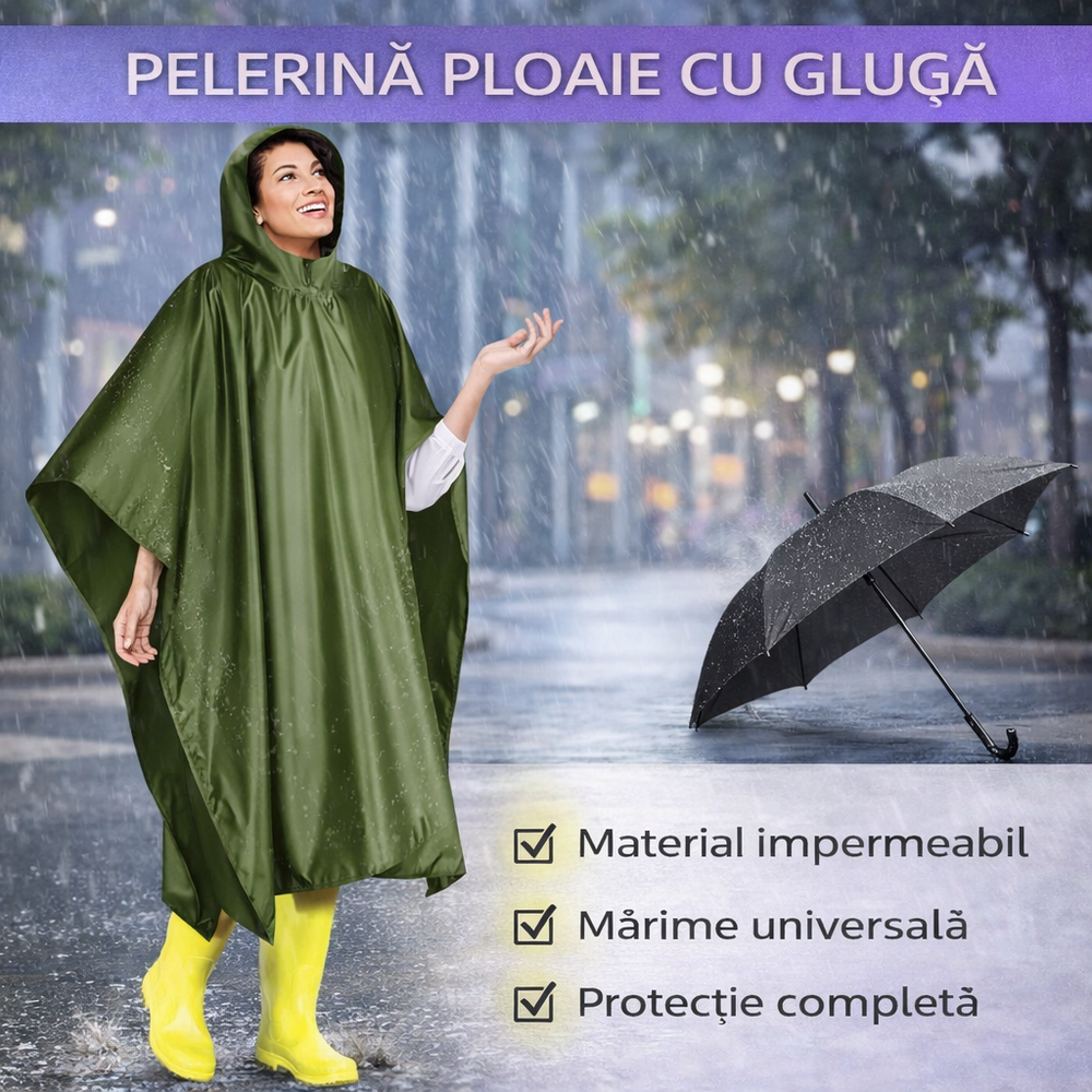 Pelerina de ploaie cu gluga, Impermeabila,  Verde, 127x100 cm, Marime Universala