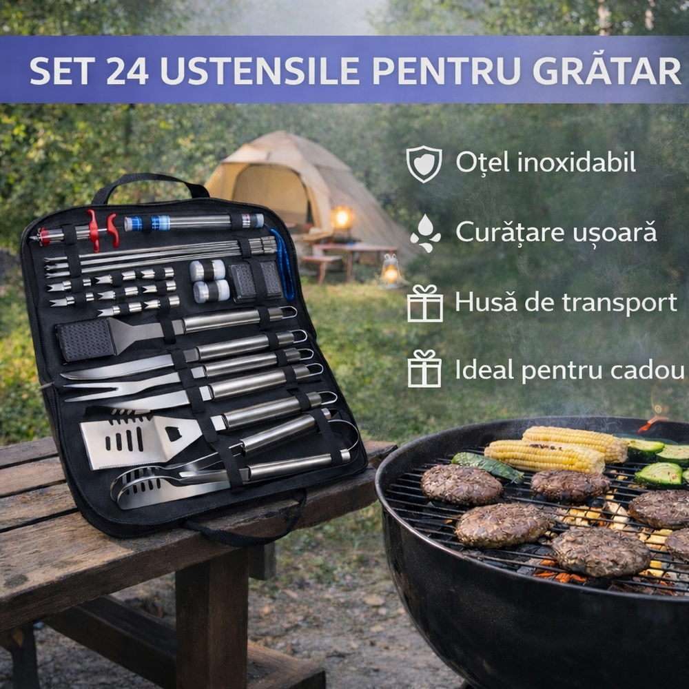Set 24 ustensile pentru gratar otel inoxidabil, Otel Inoxidabil, Husa Transport