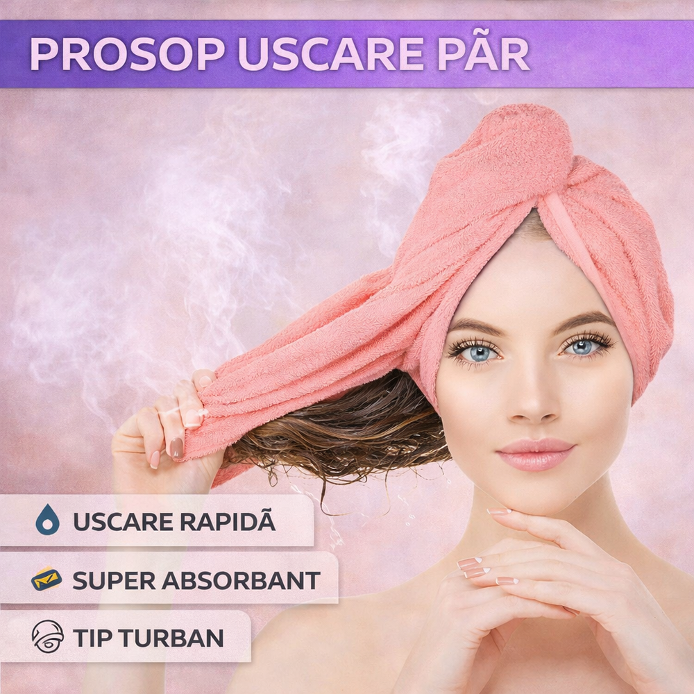 Prosop pentru uscarea parului, tip Turban, din microfibra, Corai