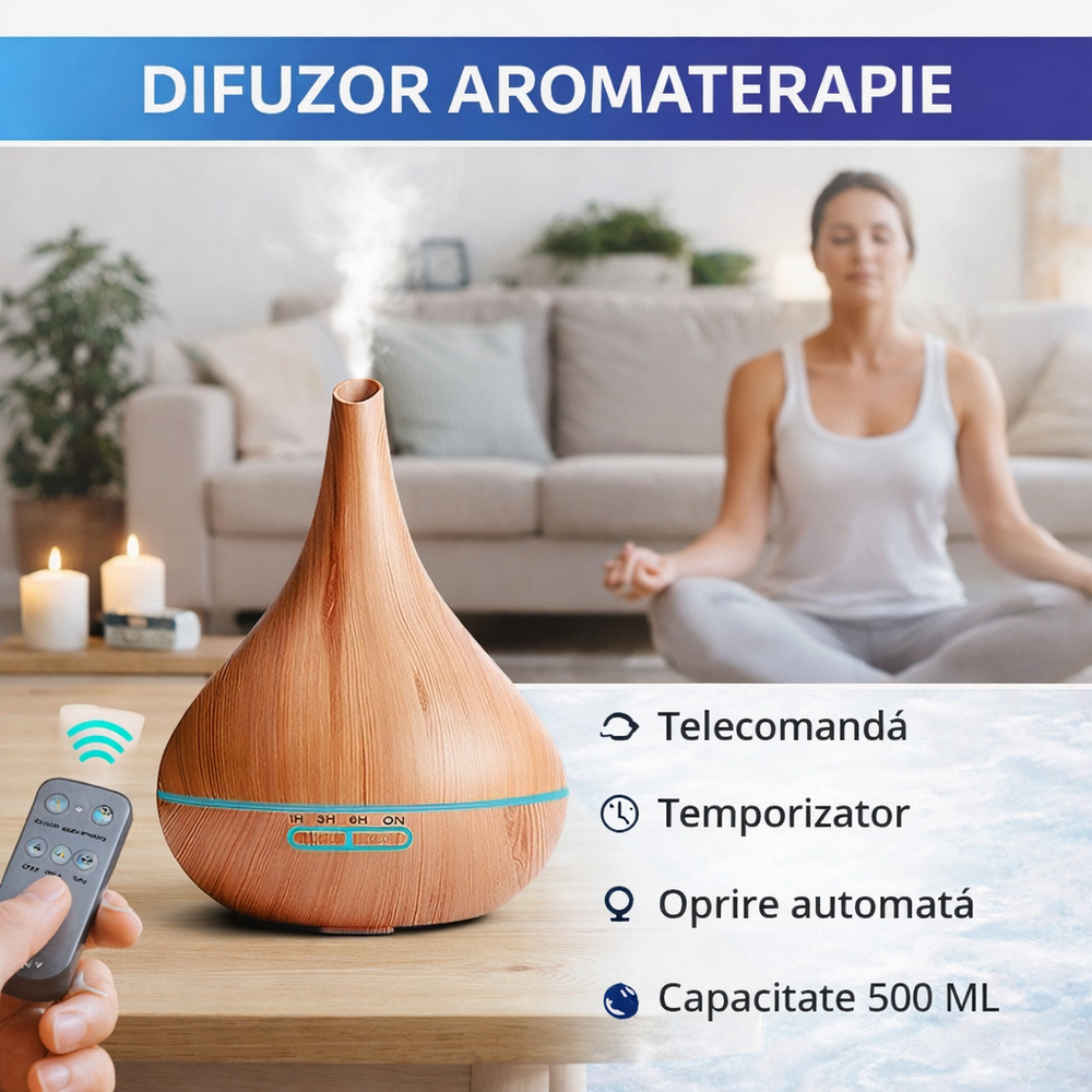 Difuzor de ulei esential, Aromaterapie, Umidificator de aer, Rezervor 500ML, Telecomanda si lumina veghe ajustabila