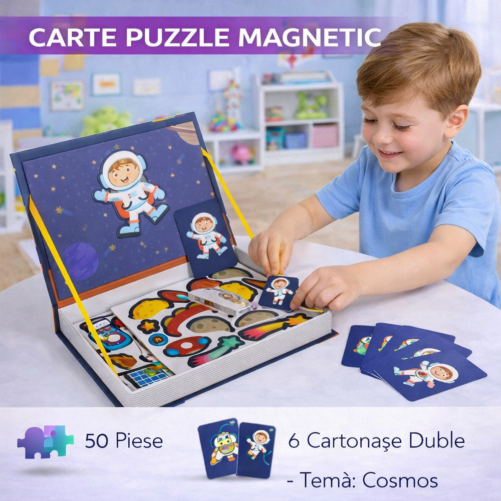 Carte tip Puzzle Magnetic , Set 50 magneti, 6 Cartonase Duble, Tema cosmos