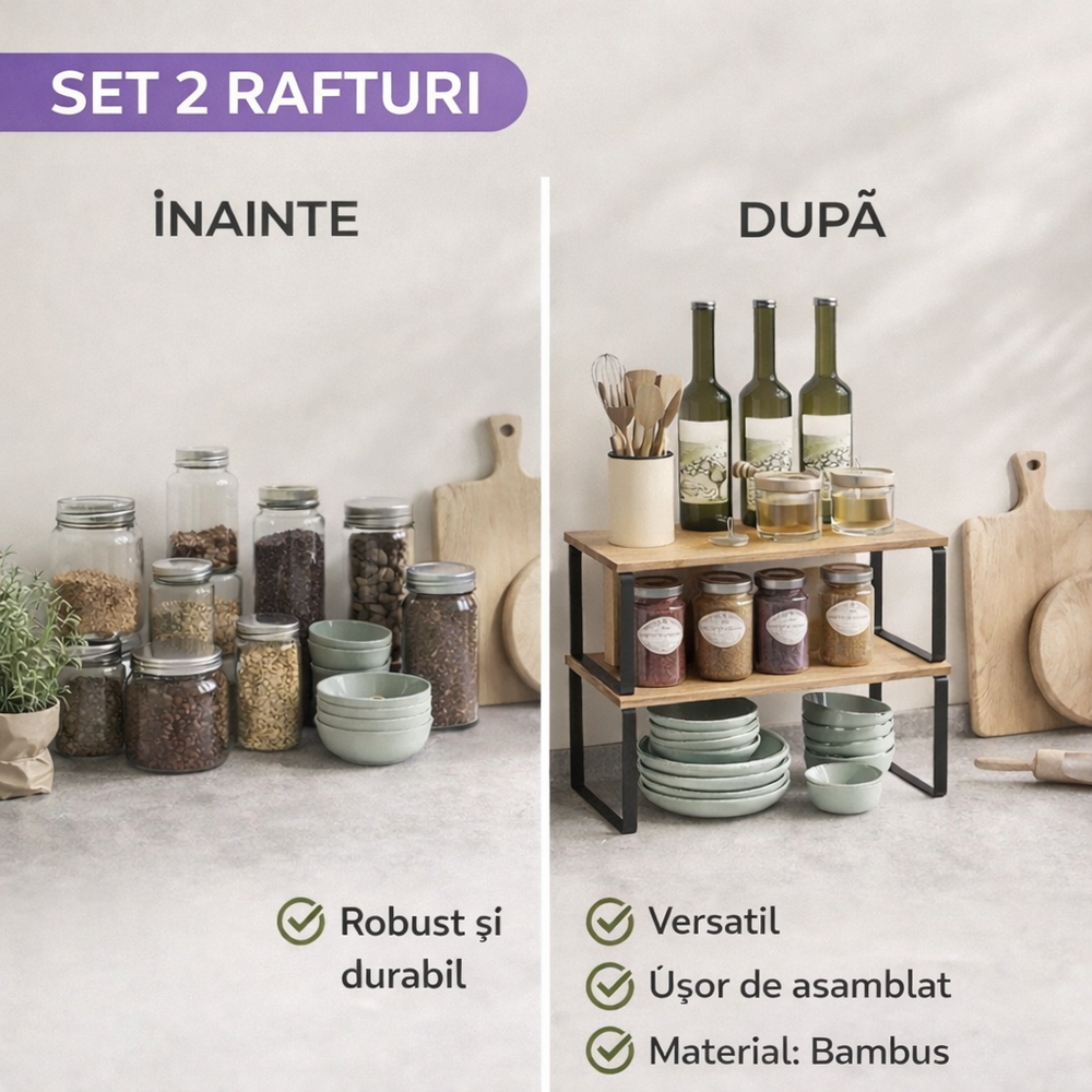 Set 2 Rafturi, Extensibile, Multifunctionale, Diverse Moduri De Aranjare Pentru Bucatarie, Birou, Baie, Bambus/Otel