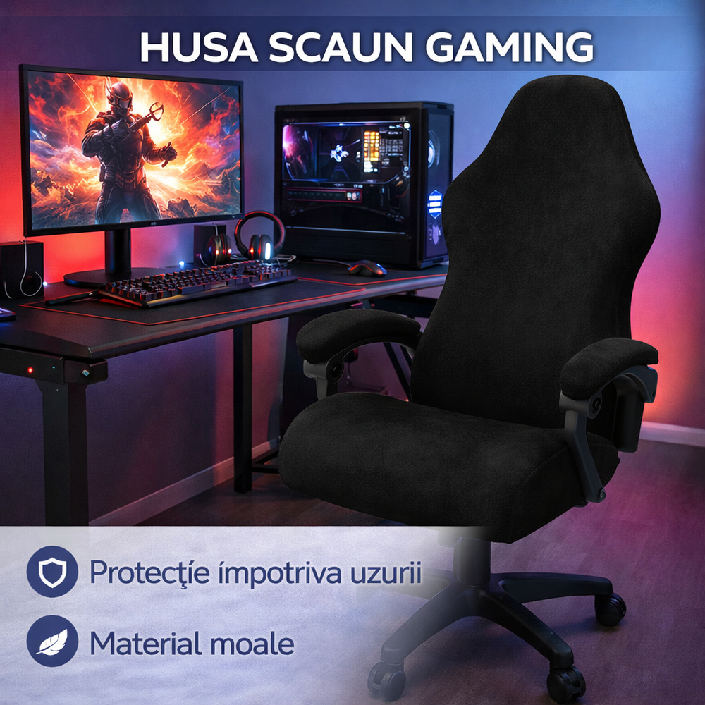 Husa pentru scaun de gaming si birou, Universala, Material elastic si moale, Montaj rapid, Protectie impotriva uzurii, Negru