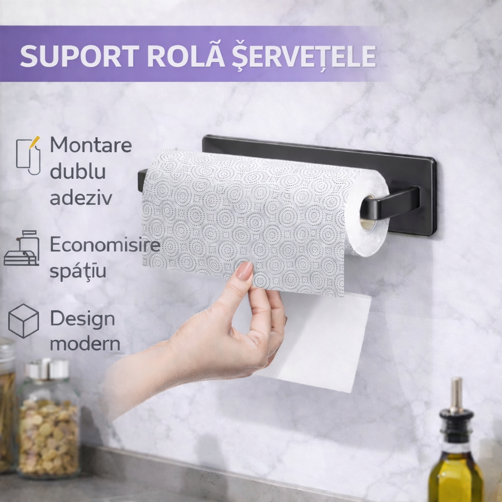 Suport rola prosoape de hartie buacatarie montat pe perete, Din otel inoxidabil, Suport pentru folie de plastic, Suport pentru agatat prosoape, 26 cm, Negru