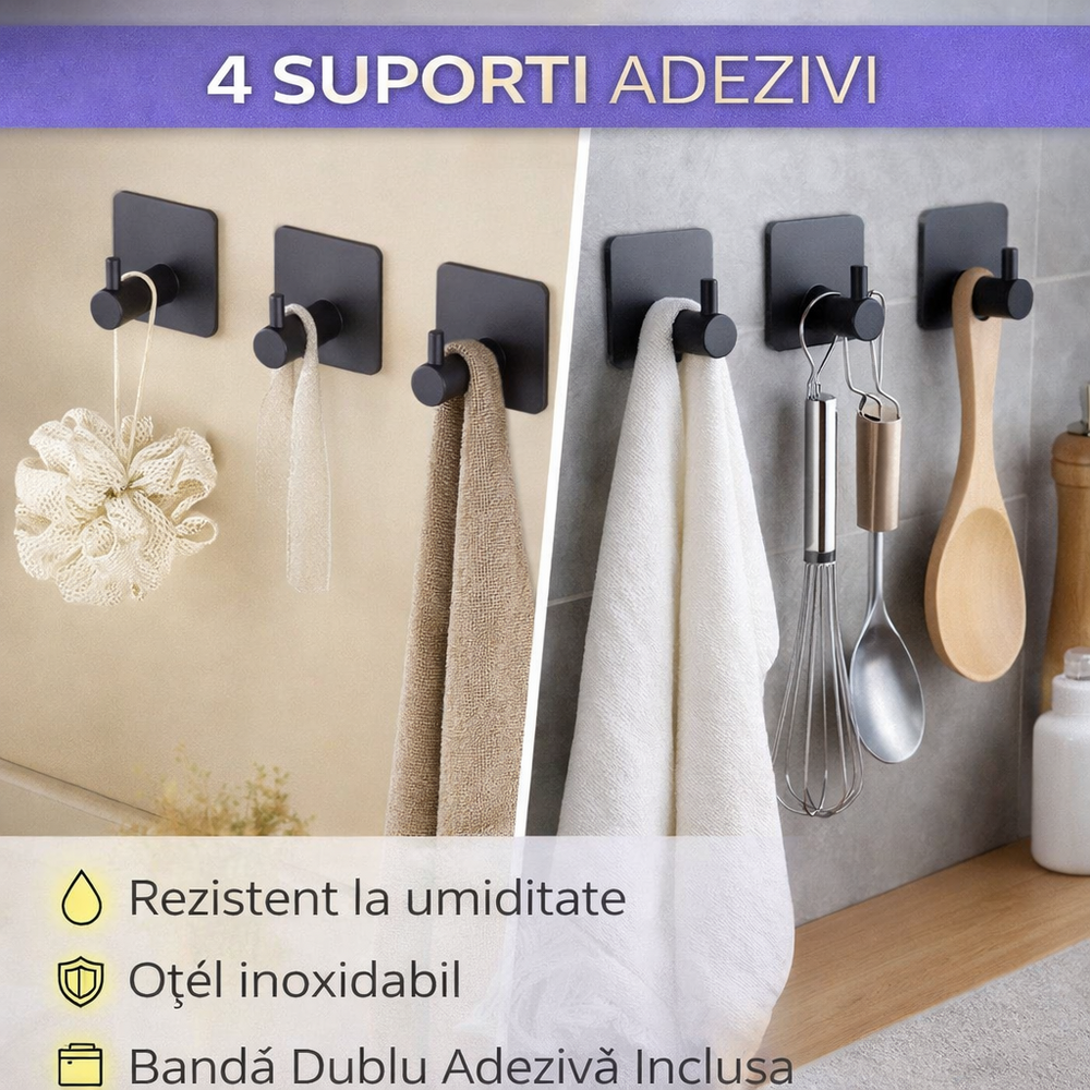 Set 4 Suport cu Adeziv pentru Prosoape, Dimensiuni 4,5 x 4,5 x 2,5 cm, Rezistent la Umiditate, Rugina, Ideal pentru Bucatarie, Baie, Otel Inoxidabil, Sarcina 3 Kg