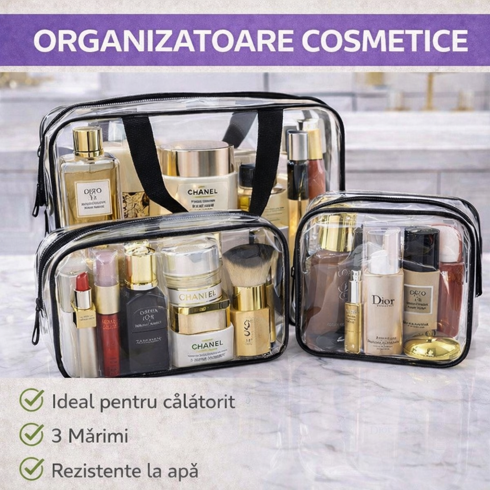 Set 3 organizatoare cosmetice pentru calatorii, multifunctionale, rezistente la apa, Transparent