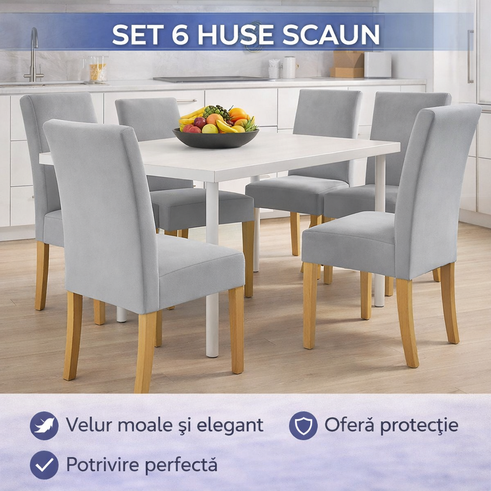 Set 6 Husa Pentru Scaun, 65x40x35 cm, Catifea, Gri , Elastic, Protectie Impotriva Murdariei, Spalare La Masina La 30 De Grade