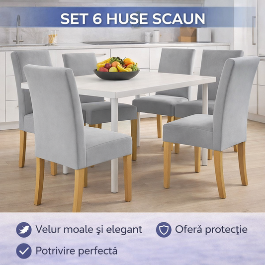 Set 6 Husa Pentru Scaun, 65x40x35 cm, Catifea, Gri , Elastic, Protectie Impotriva Murdariei, Spalare La Masina La 30 De Grade