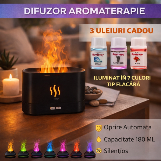 Difuzor de ulei esential, aromaterapie, umidificator de aer, rezervor 180ML, cu lumina tip flacara + Cadou 3 Uleiuri