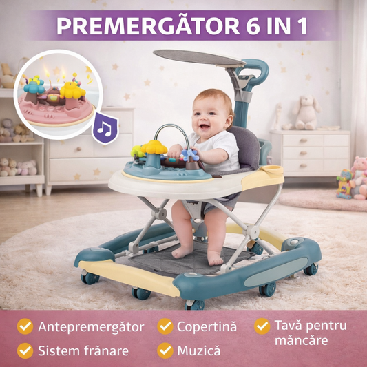 Premergator copii 6in1, Pliabil, Reglabil, Convertibil, Antepremergator, Tavita mancare, Copertina, Muzica, 5 trepte viteza, Jocuri, Sistem Franare, Albastru