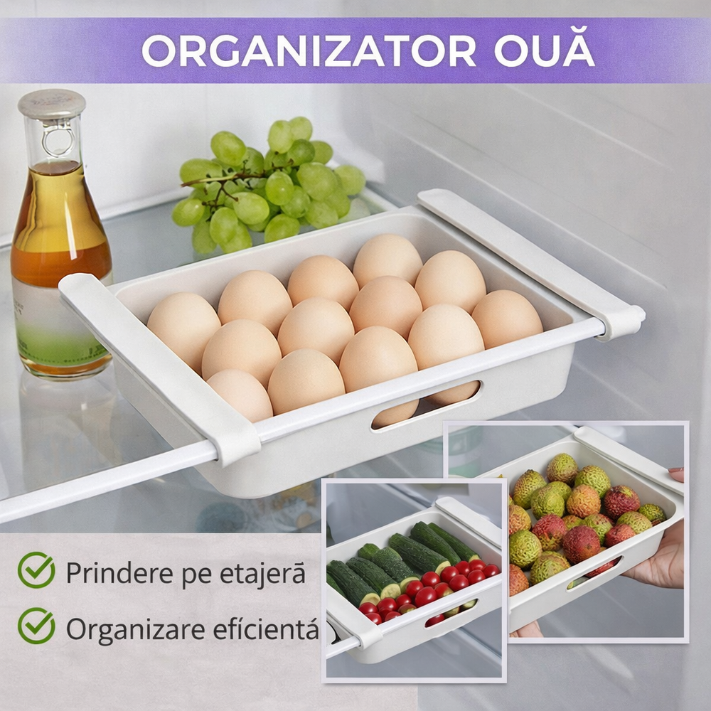 Cutie organizator pentru oua, legume, fructe, sistem prindere pe etajera