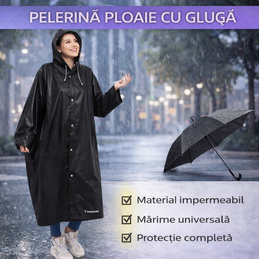 Pelerina de Ploaie Impermeabila , Lungime 110 cm, Confectionata din Material EVA, Prindere cu Capse, Gluga cu snur, Ideal pentru Camping, Drumetii, Pescuit