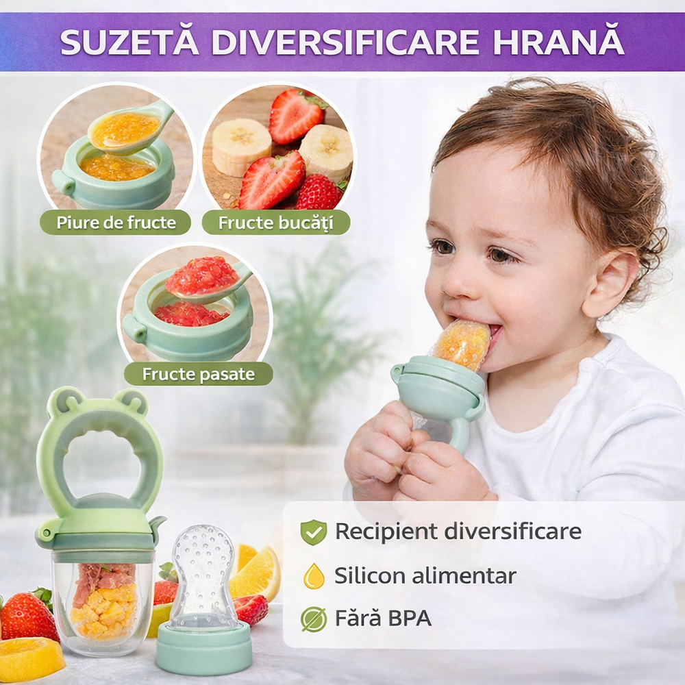 Suzeta pentru diversificarea hranei, pentru fructe si legume, silicon moale, Verde