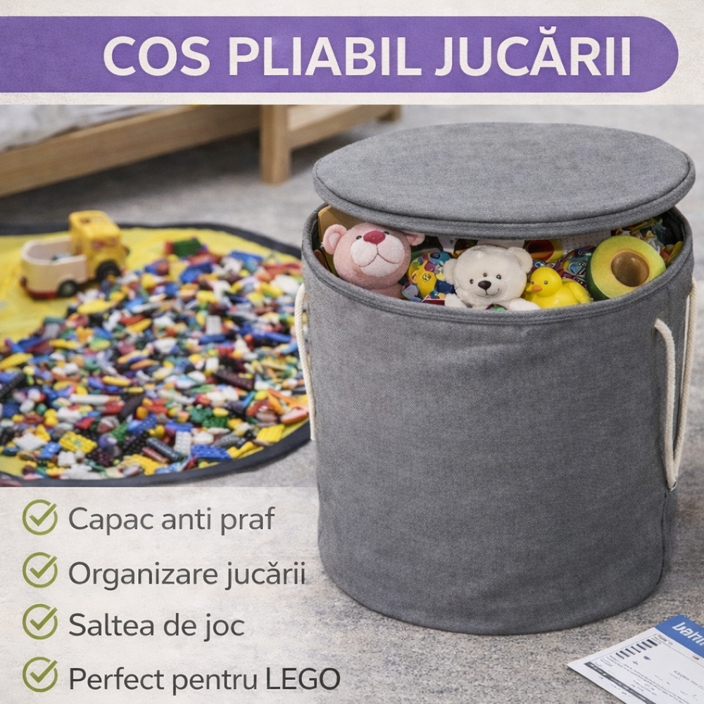 Cos pliabil pentru depozitare jucarii sau haine, Organizare Jucarii, Cu saltea de joc, Capac anti praf, 31 x 27 cm