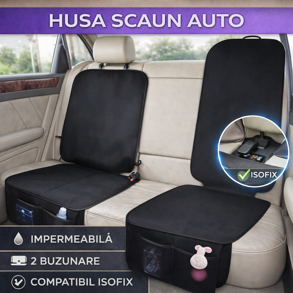 Protectie pentru scaunul auto, Material Impermeabil, Anti Alunecare, Montaj Rapid, Usor de Curatat, 2 Buzunare, Negru