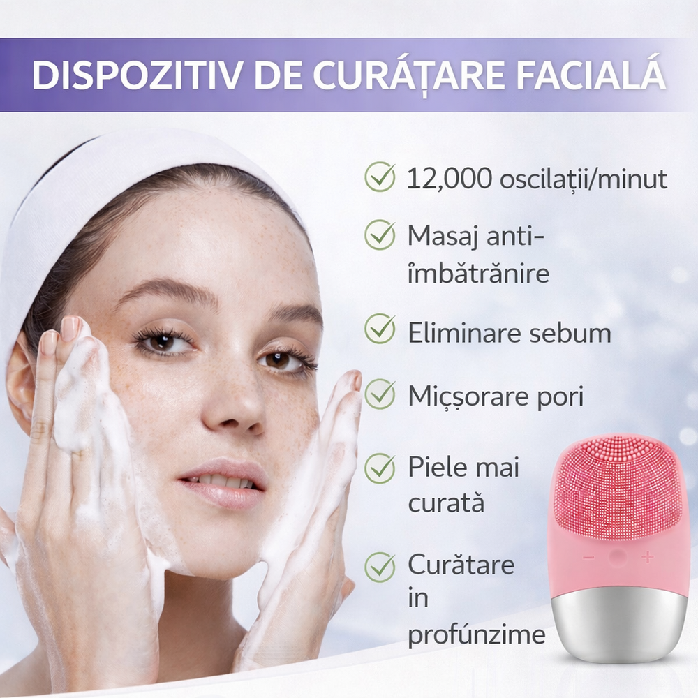 Dispozitiv de curatare faciala portabil, 12000 oscilatii/minut, viteza ajustabila, acumulator 400mAh, tehnologie cu ioni negativi