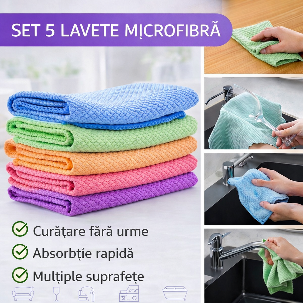 Lavete magice microfibra, Set 5 bucati, 25x25cm, Multicolor