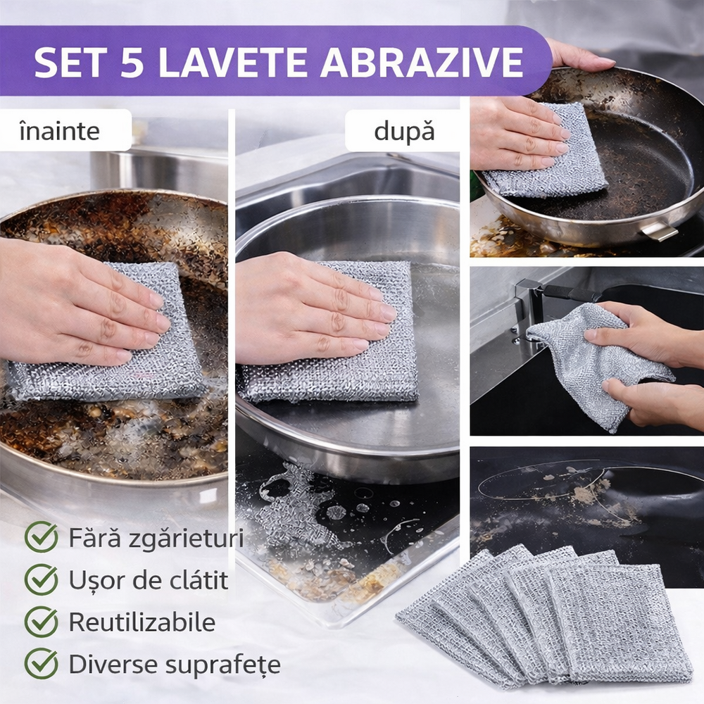 Lavete multifuncționale din microfibra metalica, 20x20cm, Set 5 buc