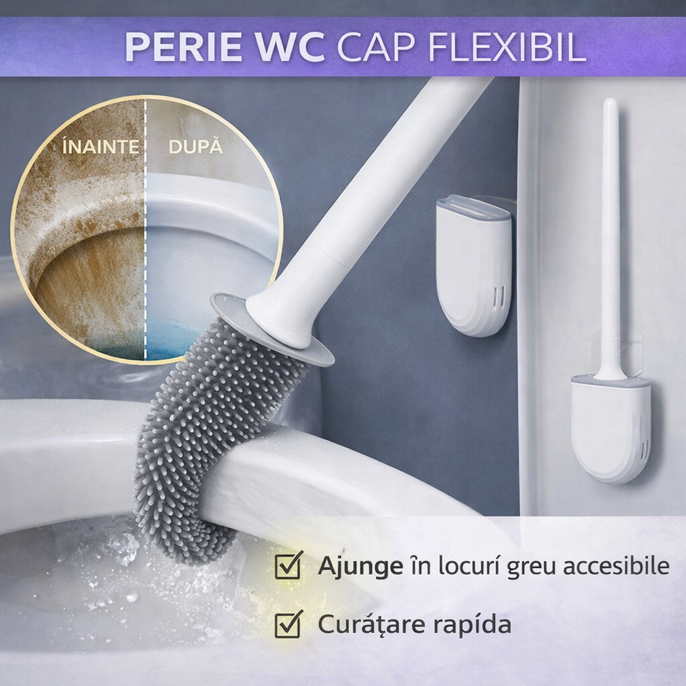 Perie de WC cu cap flexibil, cu suport, prindere pe perete cu sistem banda adeziva inclus
