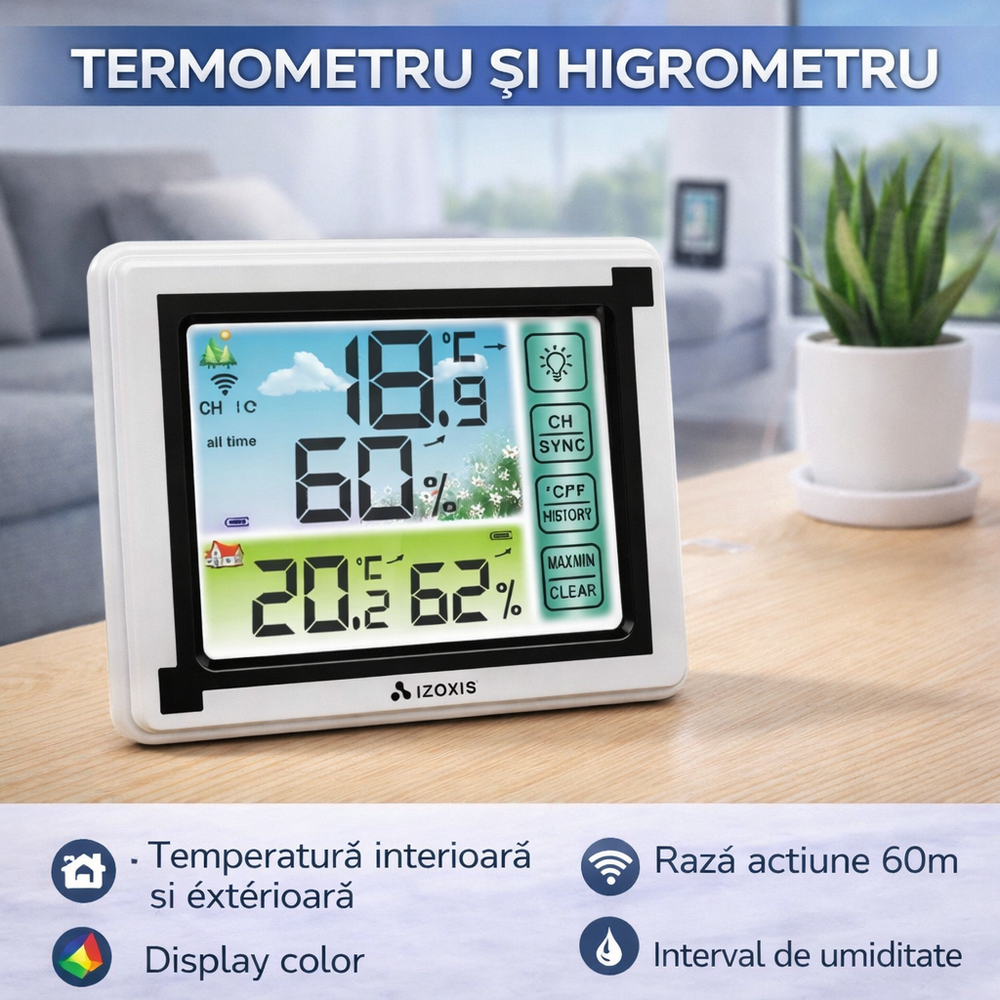 Termometru si Higrometru Profesional de Camera si Exterior cu Transmitatoare Wireless, 60 m Raza Actiune, Ecran LCD, Iluminare de Fundal, Touch, Alb