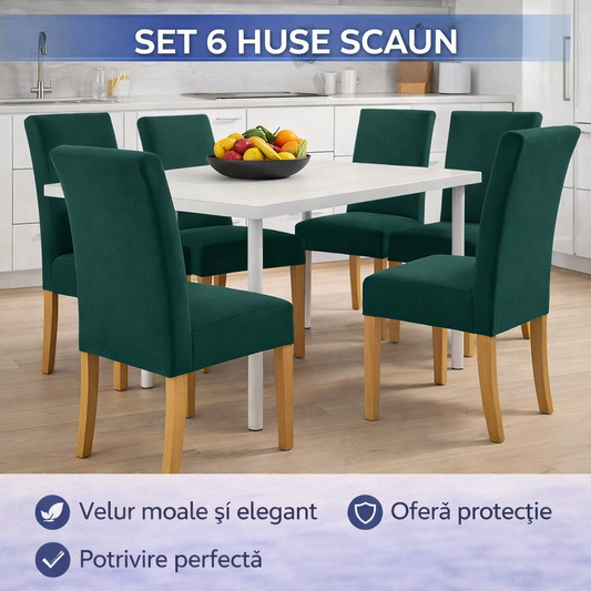 Set 6 Husa Pentru Scaun, 65x40x35 cm, Catifea, Verde , Elastic, Protectie Impotriva Murdariei, Spalare La Masina La 30 De Grade