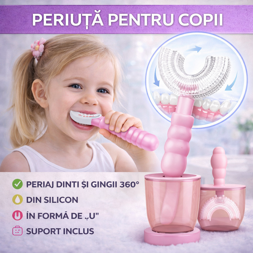 Periuta de dinti pentru copii, 6-12 ani, cu capac protectie, in forma de U, din silicon, periaj si curatare gingii 360, Roz